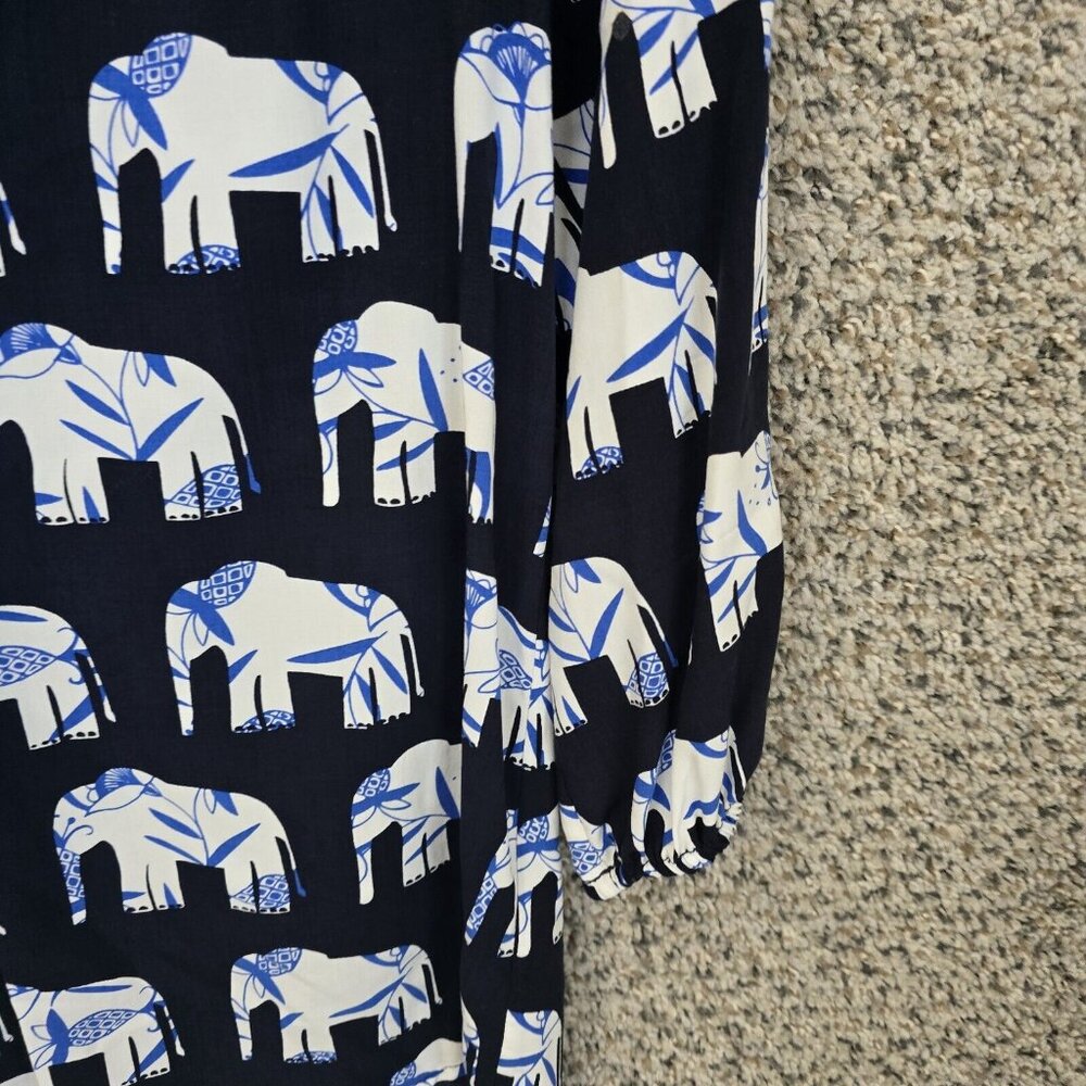 Crown & Ivy Top Womens XS Navy Blue Peasant Blouse Elephant Print Casual Ladies - Picture 2 of 7